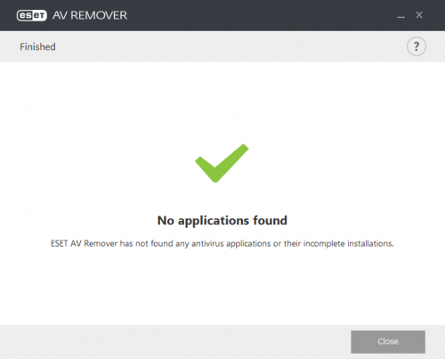 ESET AV Remover has not found any antivirus applications or their incomplete installations.